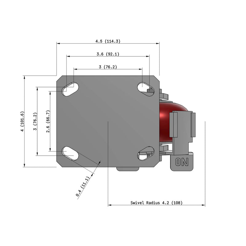 4"x2" Kingpinless Ergonomic Caster – USA Rig, MAX-Efficiency Maroon Poly Wheel, Side Brake