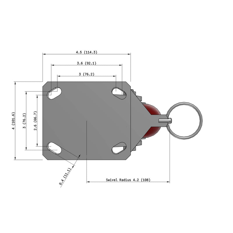 4"x2" Kingpinless Ergonomic Caster – USA Rig, MAX-Efficiency Maroon Poly Wheel, Swivel Lock