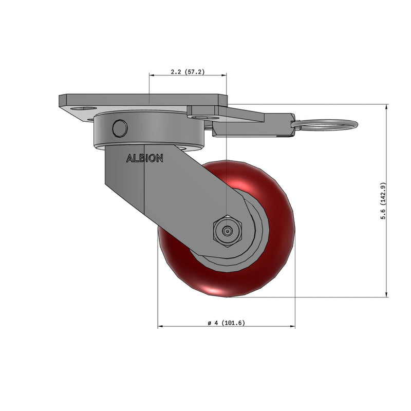 4"x2" Kingpinless Ergonomic Caster – USA Rig, MAX-Efficiency Maroon Poly Wheel, Swivel Lock