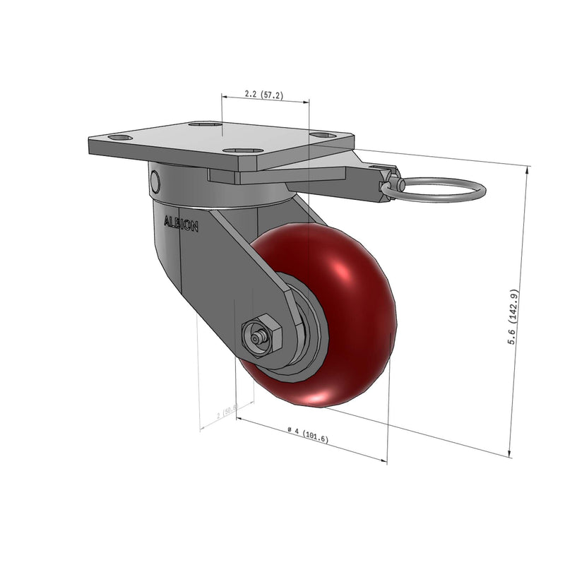 4"x2" Kingpinless Ergonomic Caster – USA Rig, MAX-Efficiency Maroon Poly Wheel, Swivel Lock