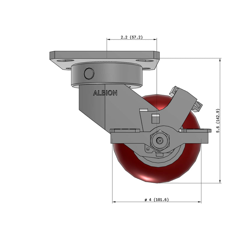 4"x2" Kingpinless Ergonomic Caster – USA Rig, MAX-Efficiency Maroon Poly Wheel, Side Brake
