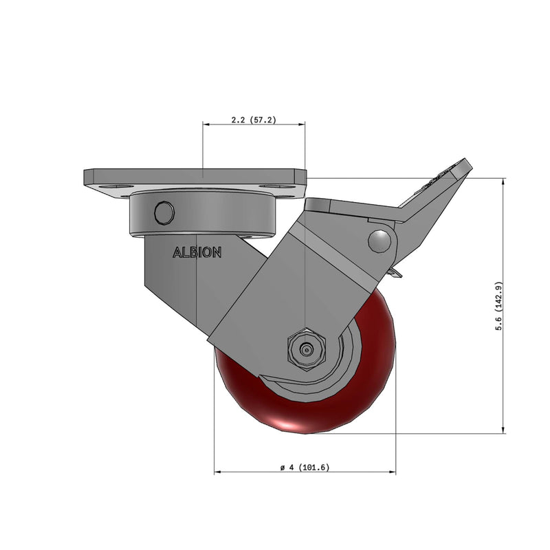 4"x2" Kingpinless Ergonomic Caster – USA Rig, MAX-Efficiency Maroon Poly Wheel, Face Brake