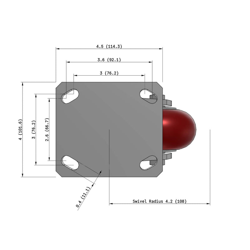 4"x2" Kingpinless Ergonomic Caster – USA Rig, MAX-Efficiency Maroon Poly Wheel
