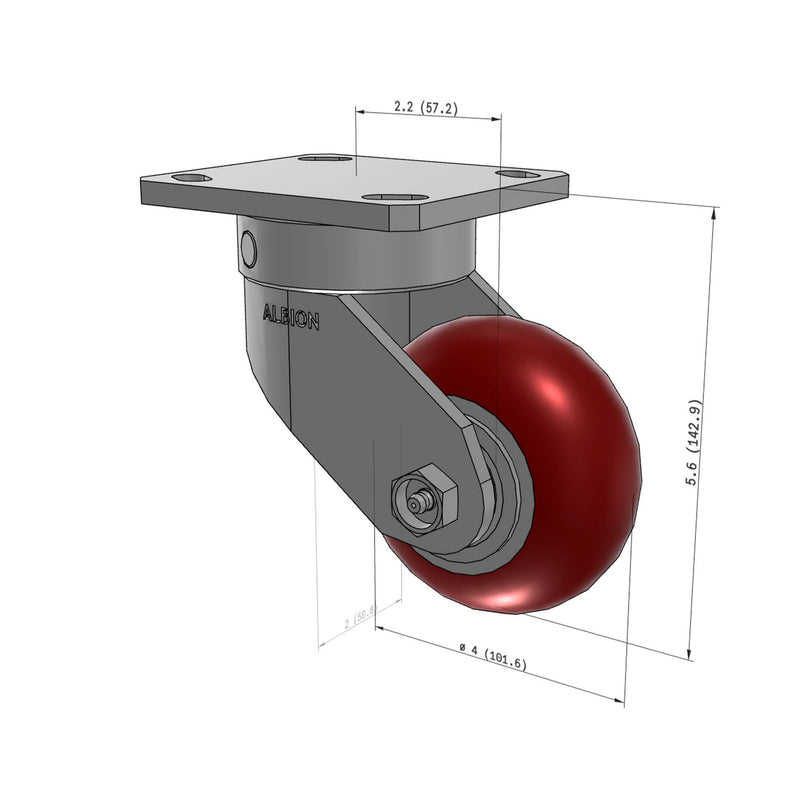 4"x2" Kingpinless Ergonomic Caster – USA Rig, MAX-Efficiency Maroon Poly Wheel