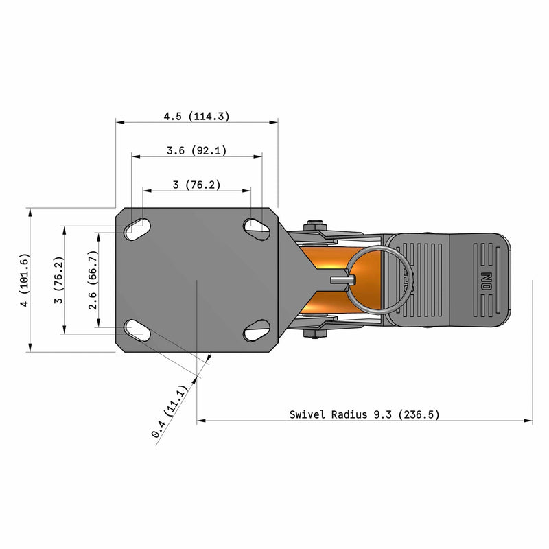 8"x2" Kingpinless Ergonomic Caster 9.5 OAH – USA Rig, MAX-Efficiency Orange Poly Wheel, Face Brake, Swivel Lock