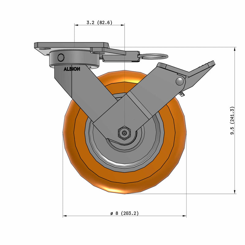 8"x2" Kingpinless Ergonomic Caster 9.5 OAH – USA Rig, MAX-Efficiency Orange Poly Wheel, Face Brake, Swivel Lock