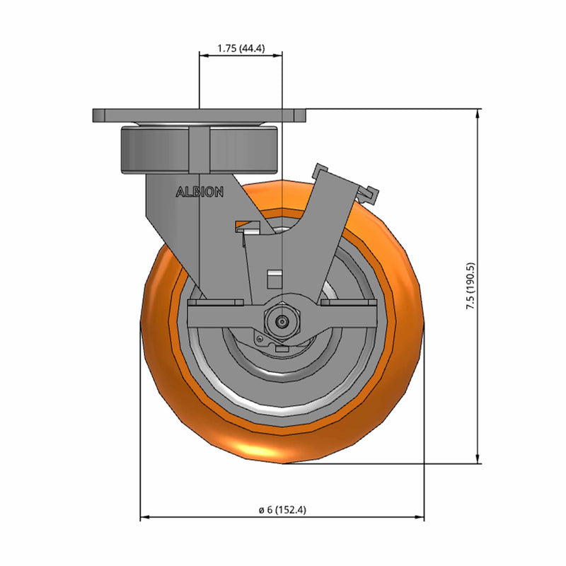 6"x2" Ergonomic Side Locking MAX-Efficiency Orange Wheel Caster