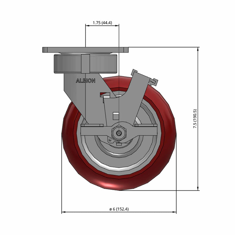 6"x2" Ergonomic Side Locking MAX-Efficiency Maroon Wheel Caster