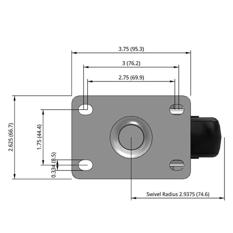 3 inch Wheel Swivel Caster, Plate, 1.25 inch wide Polyolefin Wheel