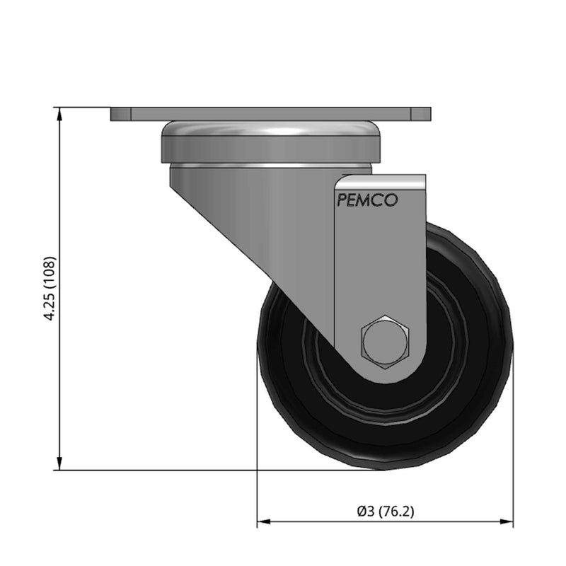 3 inch Wheel Swivel Caster, Plate, 1.25 inch wide Polyolefin Wheel