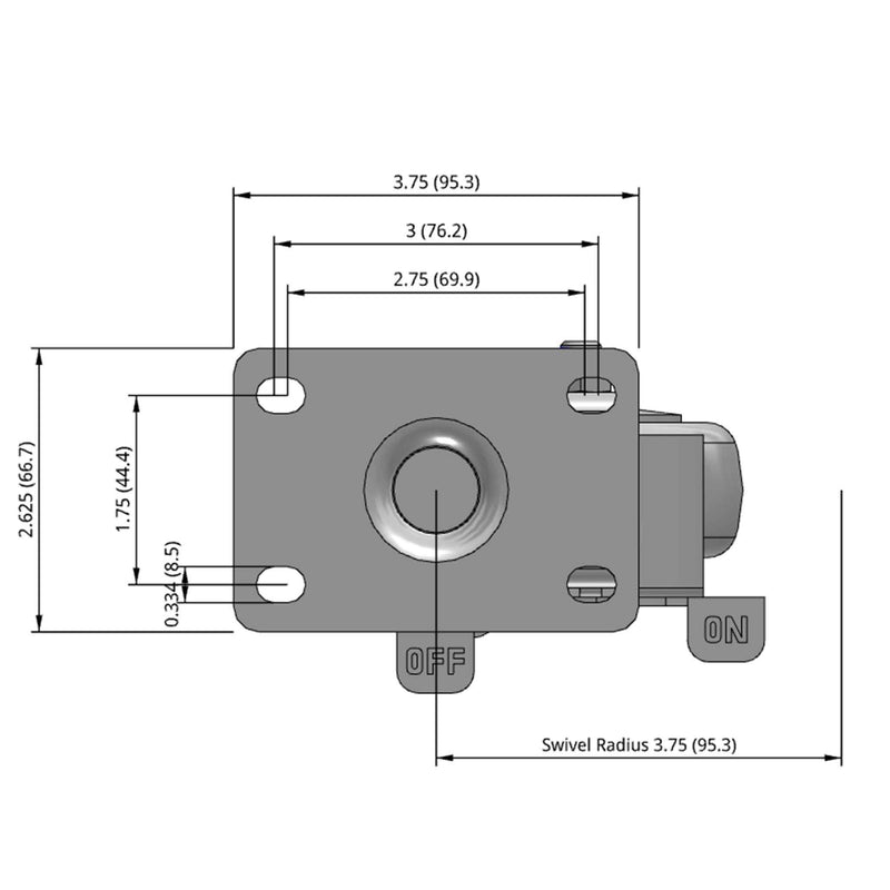 3 inch Wheel Caster with Brake, Plate, 1.25 inch wide Rubber Wheel