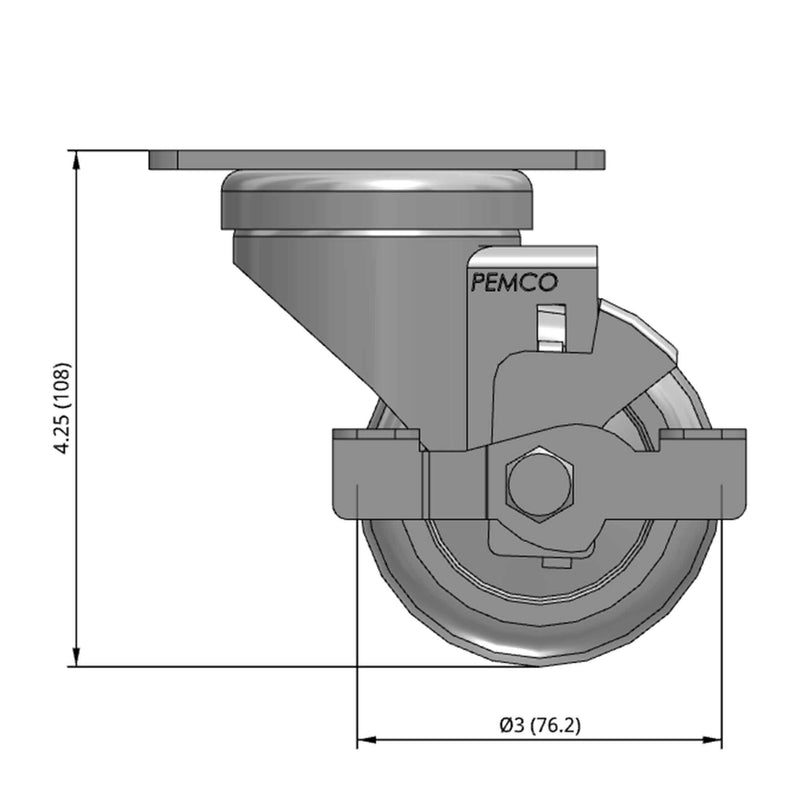 3 inch Wheel Caster with Brake, Plate, 1.25 inch wide Rubber Wheel