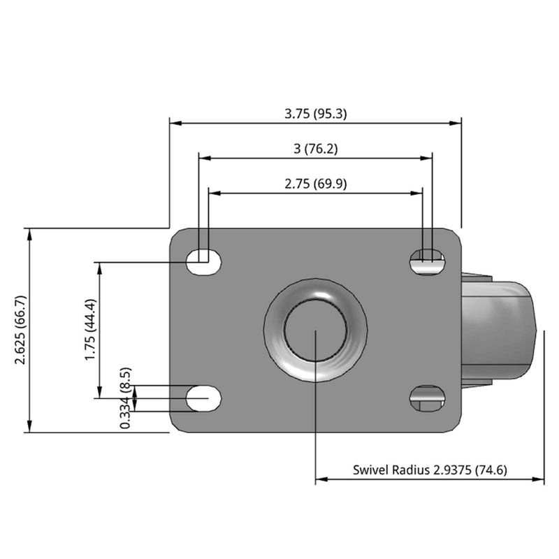 3 inch Wheel Swivel Caster, Plate Mount, 1.25 inch wide Rubber Wheel