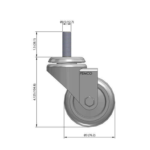 3"x1.25" TPR BB Wheel 1/2"x1.5" Threaded Stem Swivel Caster