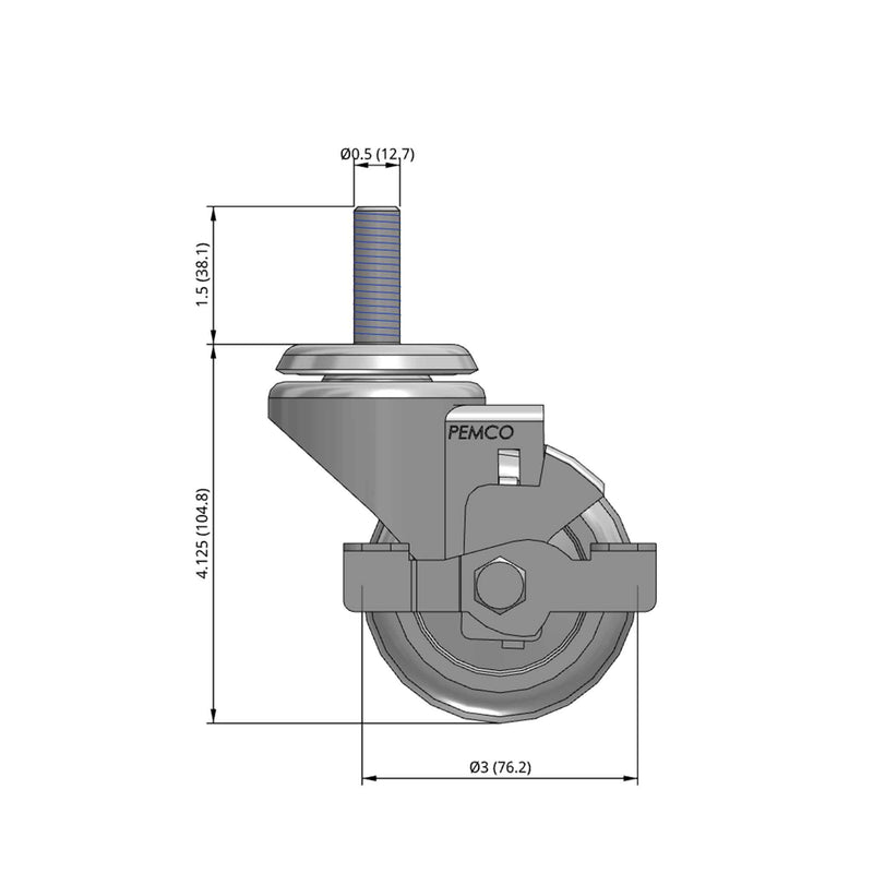 3"x1.25" TPU BB Wheel 1/2"x1.5" Threaded Stem Side Locking Caster