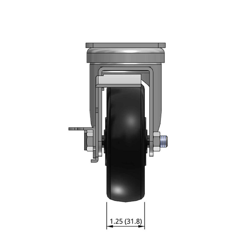 4 inch Wheel Caster with Brake, Plate, 1.25 inch wide Polyolefin Wheel