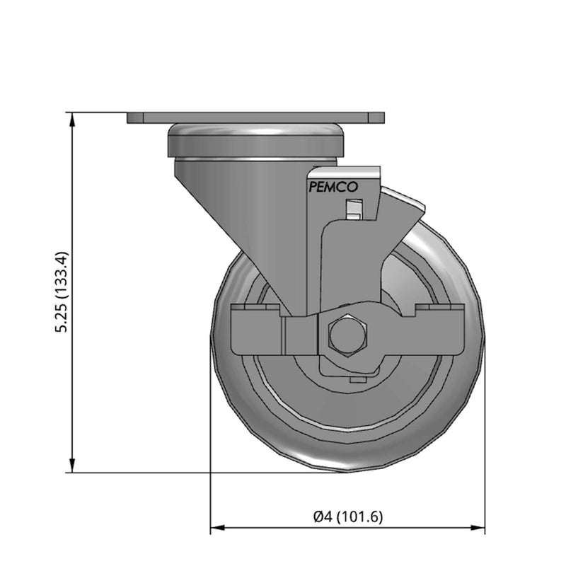 4 inch Wheel Caster with Brake, Plate, 1.25 inch wide Rubber Wheel