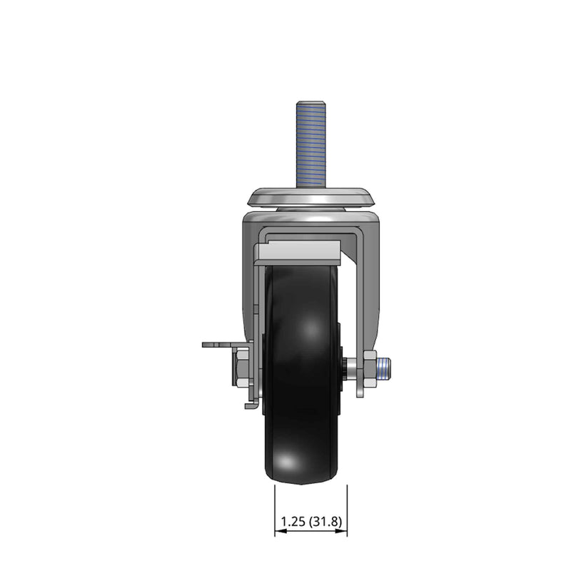 4"x1.25" Polyolefin Wheel 1/2"x1.5" Threaded Stem Side Locking Caster