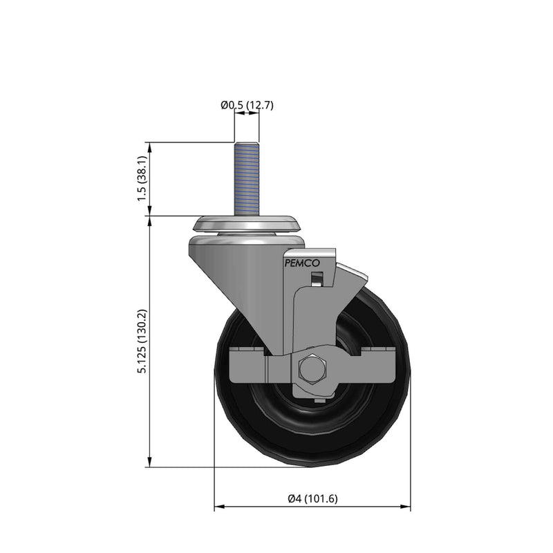 4"x1.25" Polyolefin Wheel 1/2"x1.5" Threaded Stem Side Locking Caster