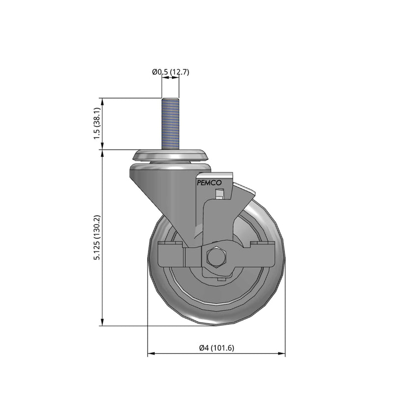 4"x1.25" TPR BB Wheel 1/2"x1.5" Threaded Stem Side Locking Caster