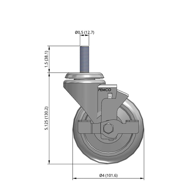 4"x1.25" TPU BB Wheel 1/2"x1.5" Threaded Stem Side Locking Caster