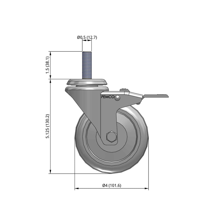 4"x1.25" TPU BB Wheel 1/2"x1.5" Threaded Stem Total Lock Caster
