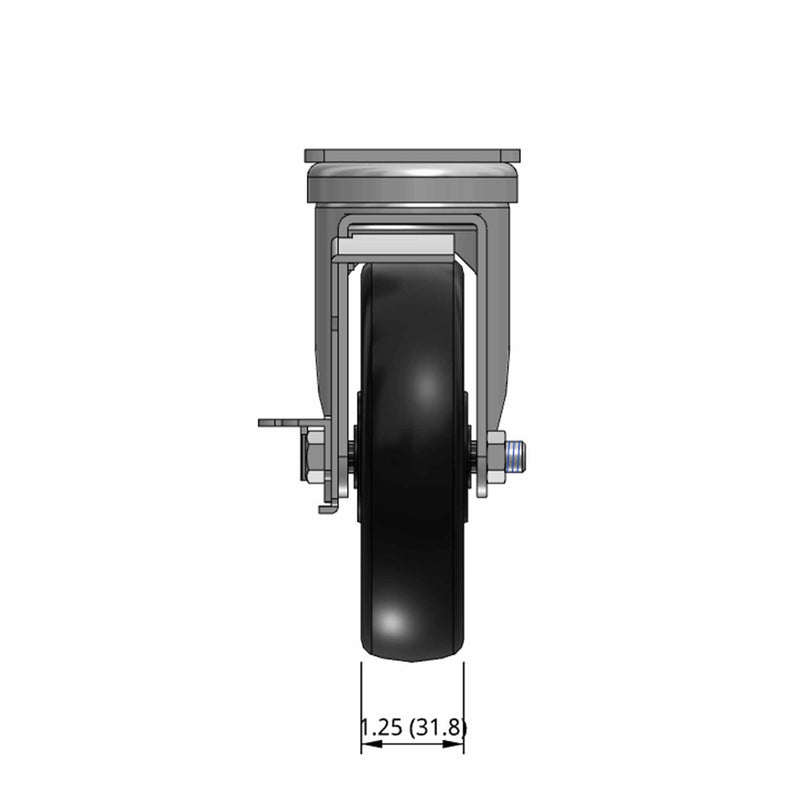 5 inch Wheel Caster with Brake, Plate, 1.25 inch wide Polyolefin Wheel