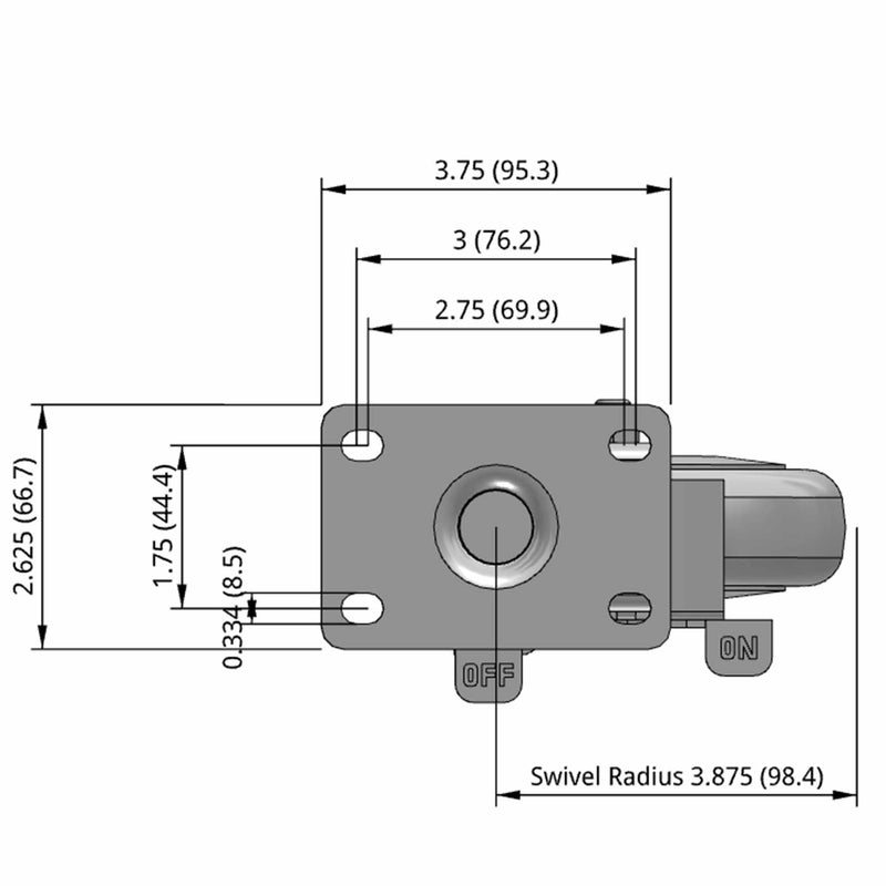 5 inch Wheel Caster with Brake, Plate, 1.25 inch wide Rubber Wheel