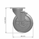 5 inch Wheel Caster with Brake, Plate, 1.25 inch wide Rubber Wheel