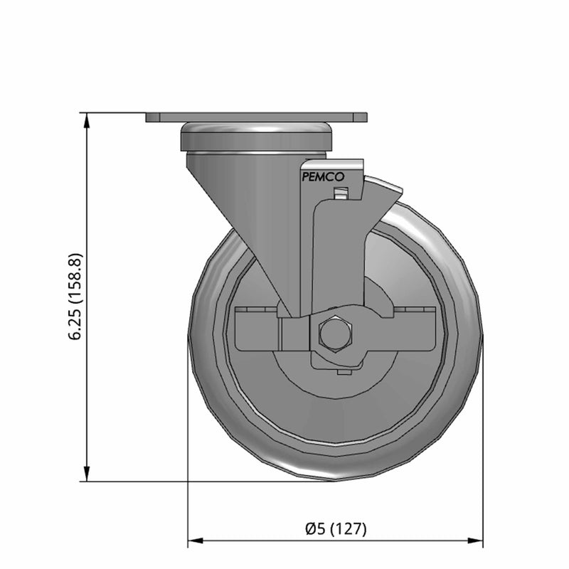 5 inch Wheel Caster with Brake, Plate, 1.25 inch wide Rubber Wheel