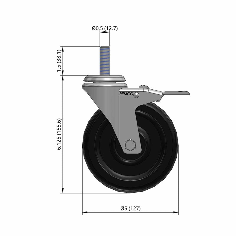 5"x1.25" Polyolefin Wheel 1/2"x1.5" Threaded Stem Total Lock Caster