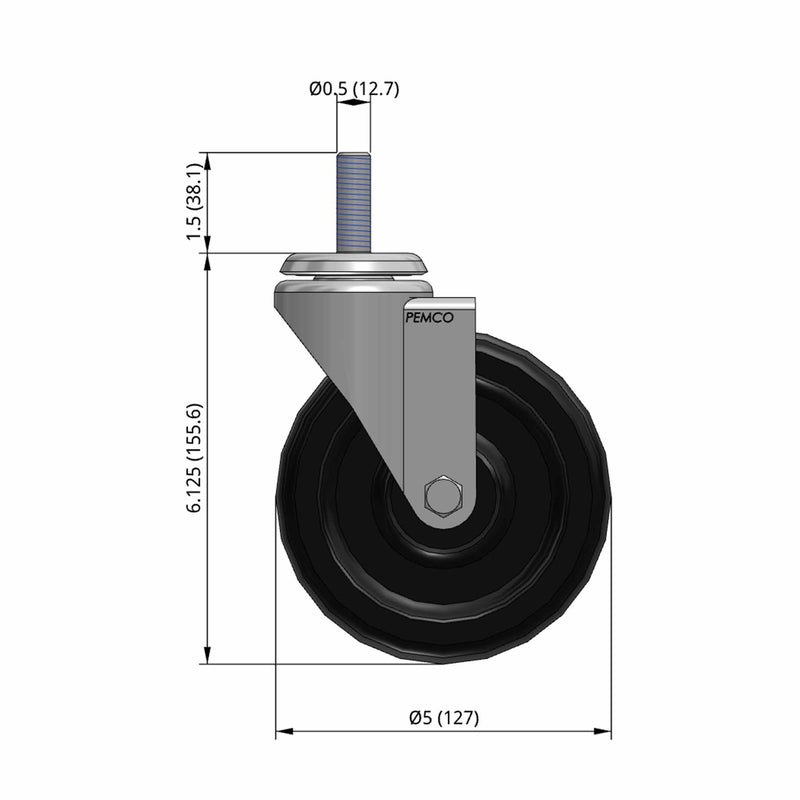 5"x1.25" Polyolefin Wheel 1/2"x1.5" Threaded Stem Swivel Caster