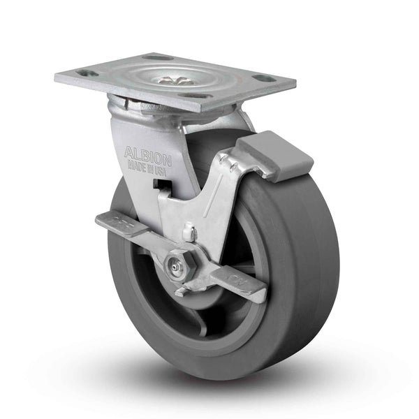 6 inch Heavy Duty Rubber Wheel Brake Caster with Precision Ball Bearings, USA Made