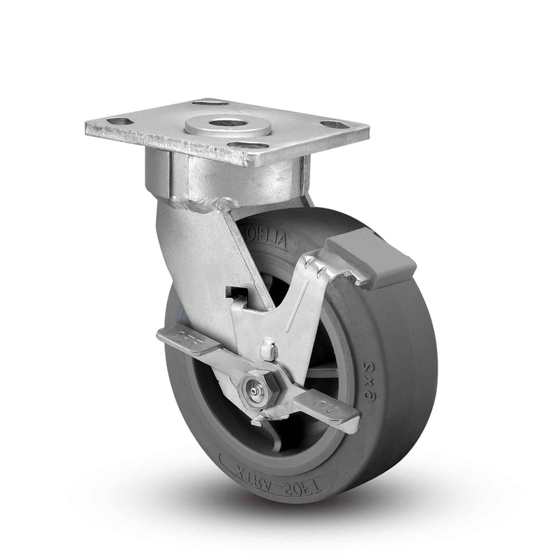 6"x2" Ergonomic Side Lock Flat Performance-Rubber Wheel Caster
