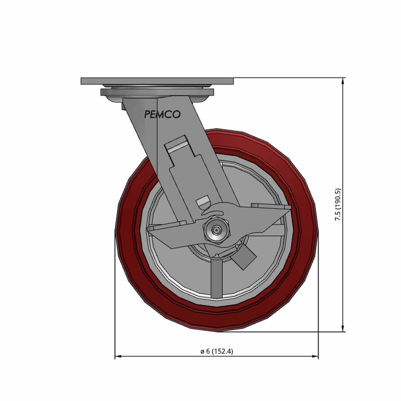 6 inch Heavy Duty USA Polyurethane Wheel Brake Caster, 2 inch wide