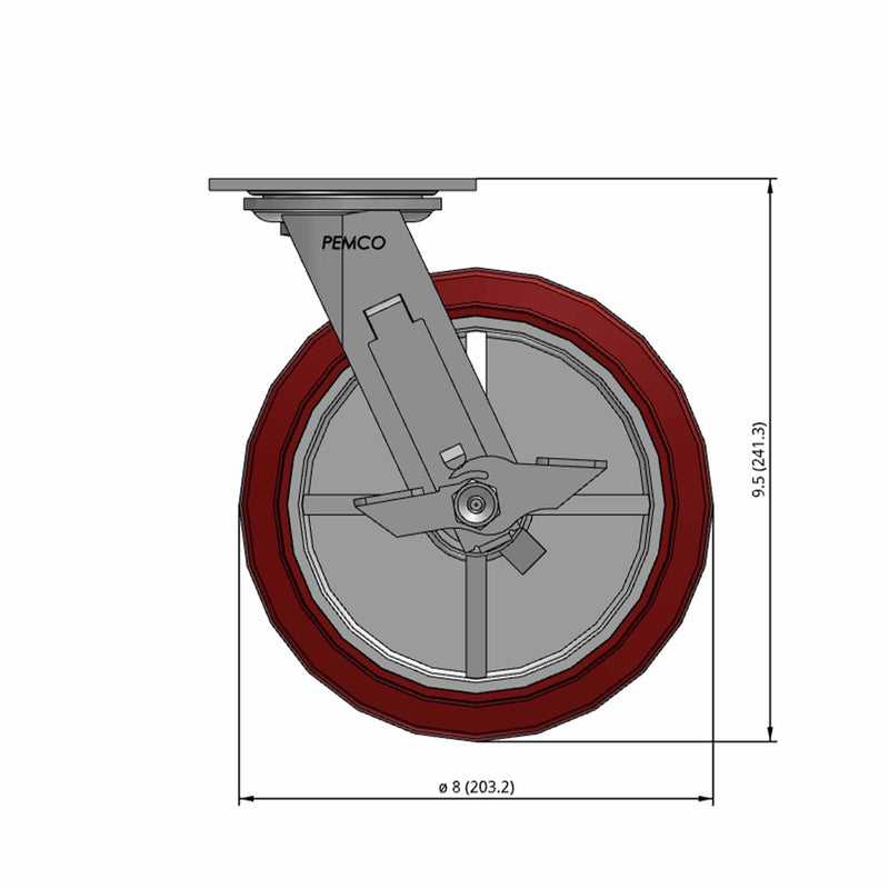 8 inch Heavy Duty USA Polyurethane Wheel Brake Caster, 2 inch wide