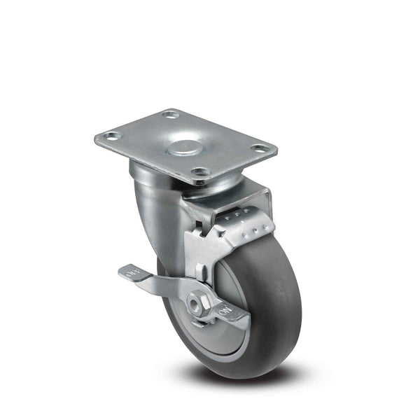 4 inch Wheel Caster with Brake, Plate, 1.25 inch wide Rubber Wheel