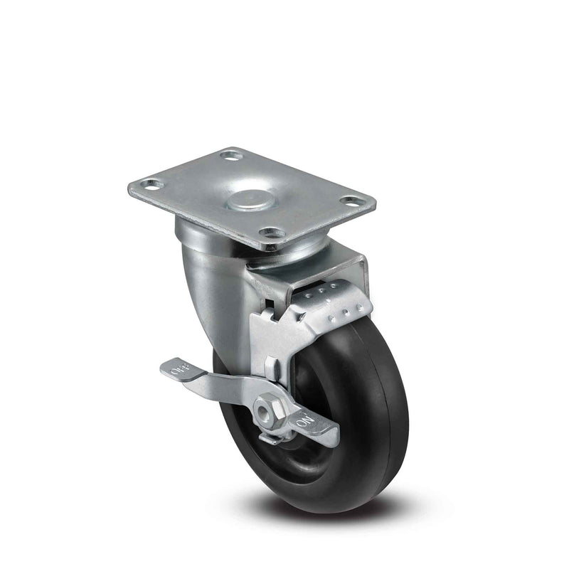 4 inch Wheel Caster with Brake, Plate, 1.25 inch wide Polyolefin Wheel