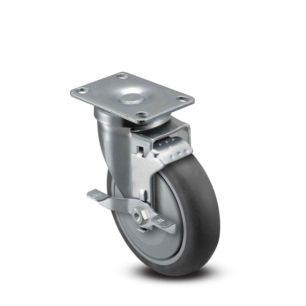 5 inch Wheel Caster with Brake, Plate, 1.25 inch wide Rubber Wheel