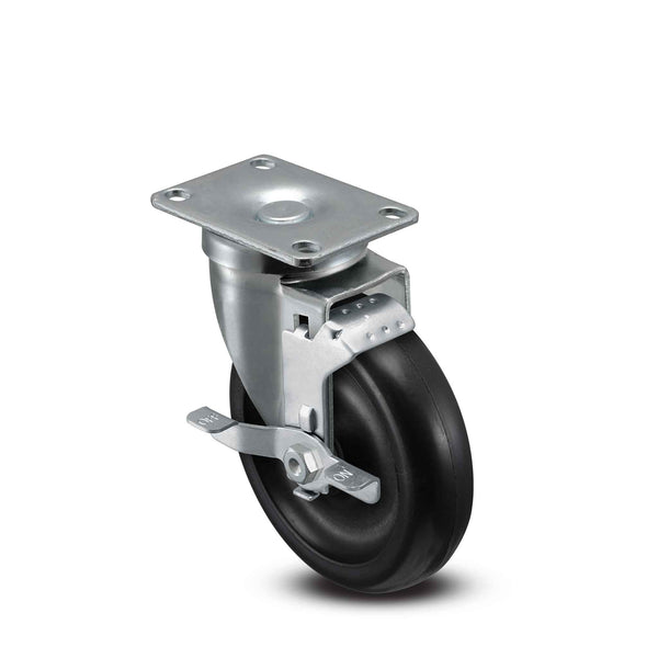 5 inch Wheel Caster with Brake, Plate, 1.25 inch wide Polyolefin Wheel